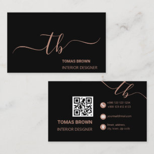 Elegant minimal rose gold black monogram initials business card