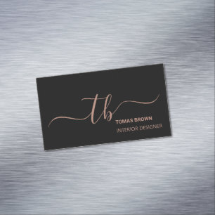 Elegant minimal rose gold black monogram initials magnetic business card