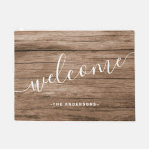 Elegant minimal rustic brown wood print welcome doormat