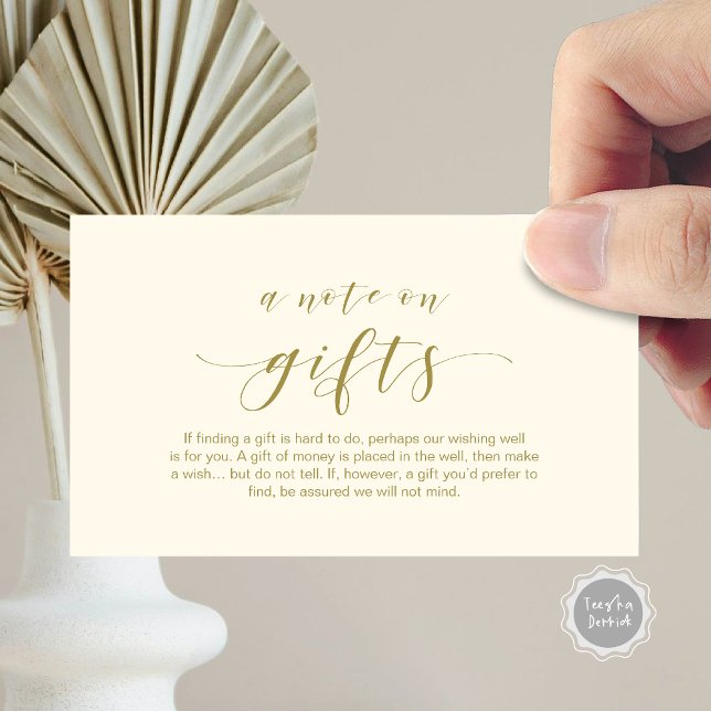 Elegant Minimal script, A note on gifts Enclosure Card (A Note On Gifts, Wedding Invitation Enclosed Card, in classy gold themed)