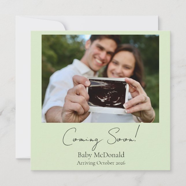 Elegant minimal script pregnancy announcement card (Front)