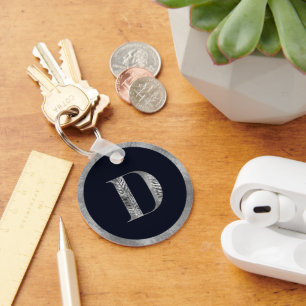 Elegant Minimal Silver & Black Custom Monogram Key Ring