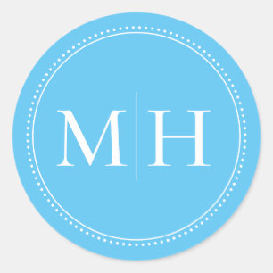 Elegant Minimal Sky Blue Monogram Dotted Border Classic Round Sticker