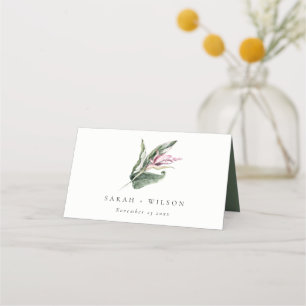 Elegant Minimal Tropical Pink Leafy Floral Wedding Place Card