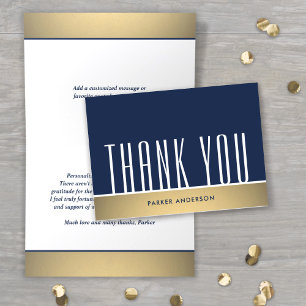 Elegant Minimal Typography Navy Blue, White & Gold Thank You Card