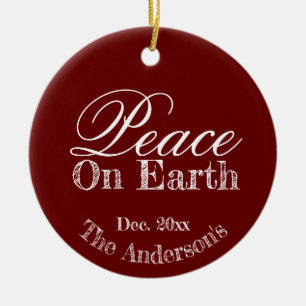 Elegant Minimal Typography Red Peace On Earth Ceramic Tree Decoration