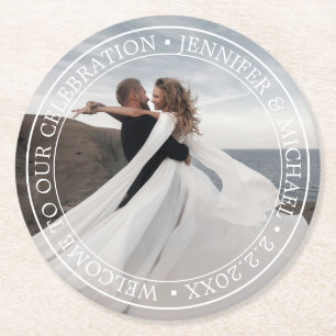 elegant minimal typography welcome wedding photo round paper coaster