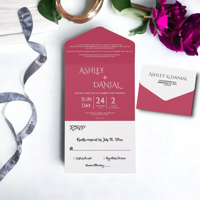 Elegant Minimal Viva Magenta Modern Chic Wedding All In One Invitation (Creator Uploaded)