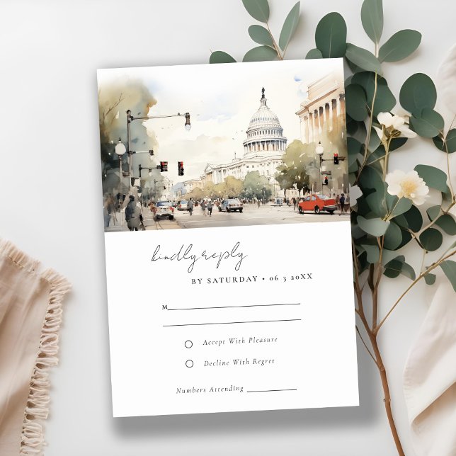 Elegant Minimal Washington DC Watercolor Wedding RSVP Card (Creator Uploaded)