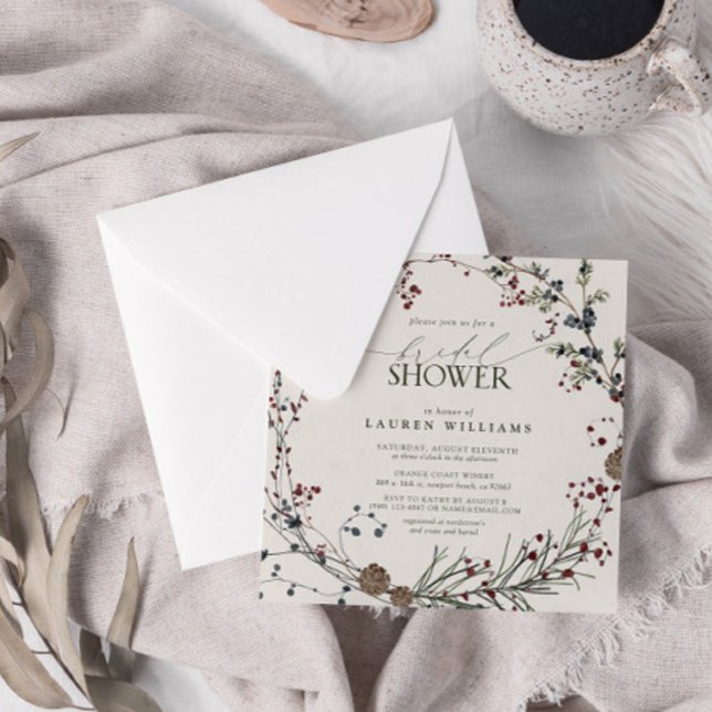 Elegant Minimal Watercolor Berry Wreath Greenery Invitation (Join us in a winter wonderland of botanical bliss to shower the bride-to-be.)