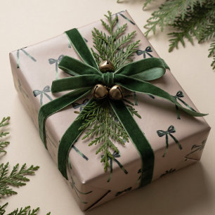 Elegant Minimal Watercolor Green christmas bow Wrapping Paper