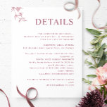 Elegant Minimal White and Burgundy Wedding Details Enclosure Card<br><div class="desc">Elegant white and burgundy pink vertical Wedding details enclosure card with all text sections available for customisation, so you can add any information you like. Design with modern typography and minimal style with subtle hand-drawn white botanical detail. If needed, you can select "edit using design tool" and make changes to...</div>