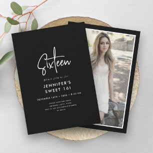 Elegant Minimal White Black Photo Sweet 16  Invitation