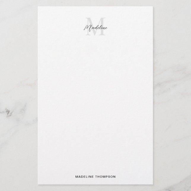 Elegant Minimal White Black Script Monogram Stationery (Front)