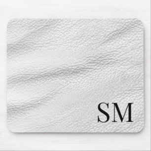 Elegant Minimal White Leather Monogram Mouse Pad