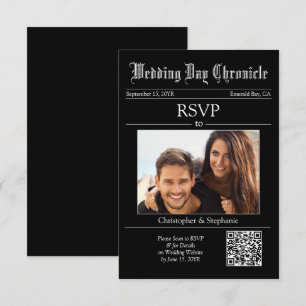 Elegant Minimalist 1 Photo QR Code Black Newspaper RSVP Card