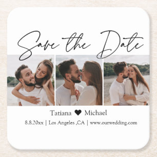 elegant minimalist 3 photo collage save the date  square paper coaster