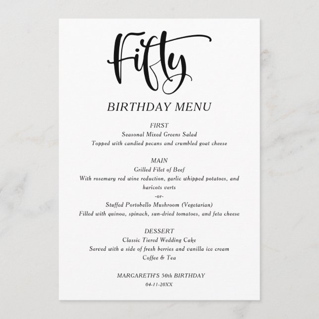 Elegant Minimalist 50th Birthday Menu (Front)