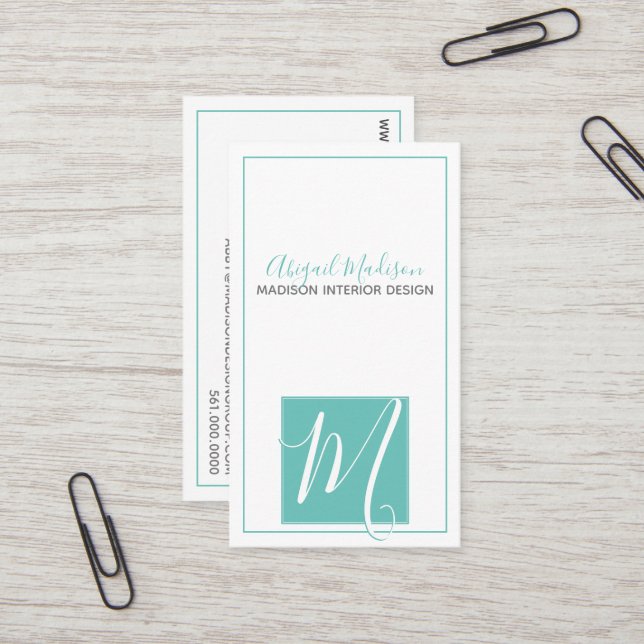 Elegant Minimalist Aqua + Script #Monogram Business Card (Front/Back In Situ)