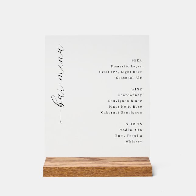 Elegant Minimalist Bar Menu Acrylic Sign (Front)