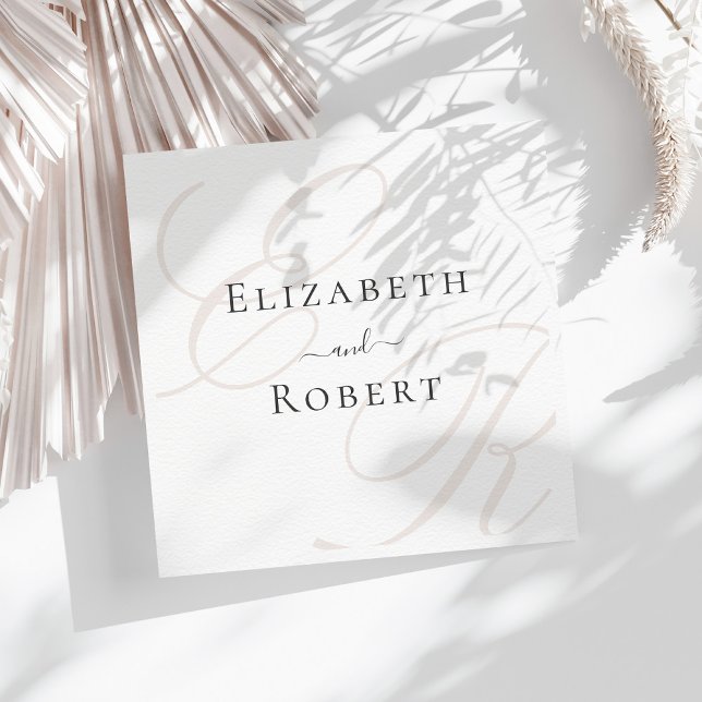 Elegant Minimalist Beige Monogram Wedding Napkin (Elegant Minimalist Beige Monogram Wedding Napkins on a sunny table with neutral dry botanicals)