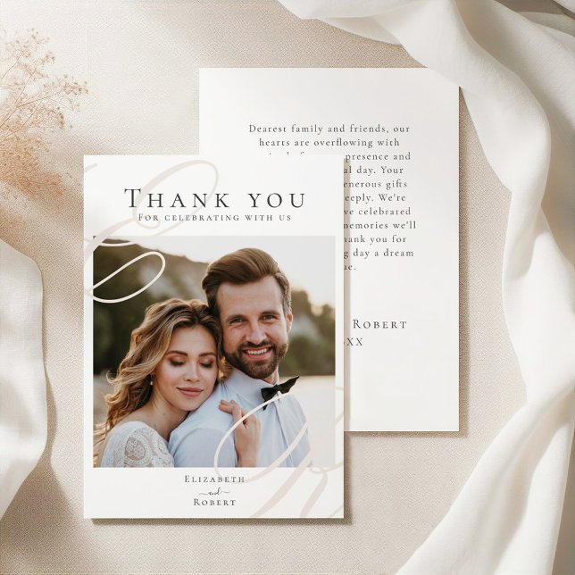 Elegant Minimalist Beige Monogram Wedding Photo Thank You Card (Elegant Minimalist Beige Monogram Wedding Photo Thank You Card on a white silky tableclothes)