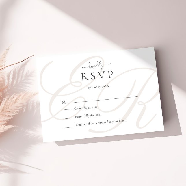 Elegant Minimalist Beige Monogram Wedding RSVP Card (Elgant Minimalist Beige Monogram Wedding RSVP Card on a sunny table with beige dry botanicals)