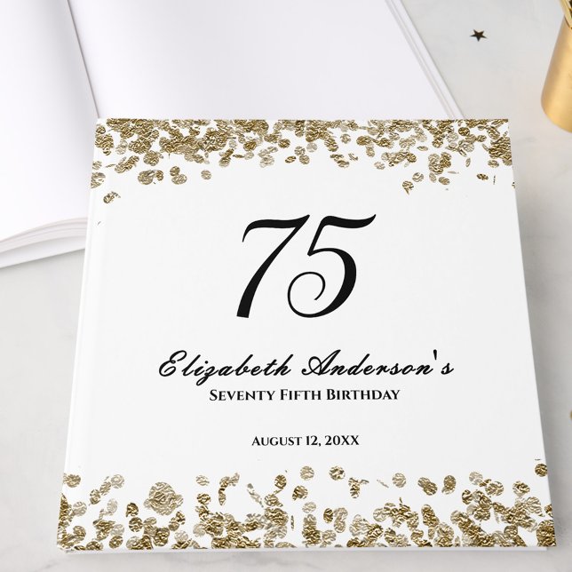 Elegant Minimalist Black and Gold 75th Birthday Guest Book (Creator Uploaded)