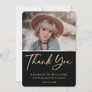 Elegant Minimalist Black and Gold Photo Graduation Thank You Card