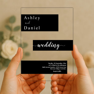 Elegant Minimalist Black And White Modern Wedding Acrylic Invitations