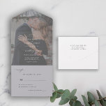 Elegant minimalist black and white photo wedding a all in one invitation<br><div class="desc">Modern simple minimal typography dark all in one invite and rsvp wedding seal and send invitation template featuring a chic trendy calligraphy script.              Easy to personalise with your photo and details on both sides! The invitation is suitable for classic formal neutral weddings.</div>