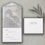 Elegant minimalist black and white photo wedding all in one invitation<br><div class="desc">Modern simple minimal typography all in one invite and rsvp wedding seal and send invitation template featuring a chic trendy calligraphy script.              Easy to personalise with your photo and details on both sides! The invitation is suitable for classic formal neutral weddings.</div>