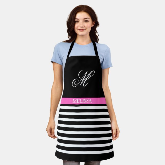 Elegant Minimalist Black and White Pink Ribbon Apron (Worn)