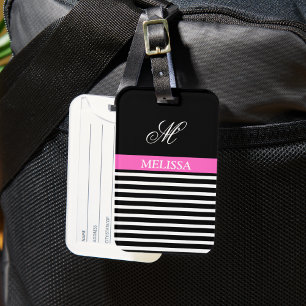 Elegant Minimalist Black and White Pink Ribbon Luggage Tag