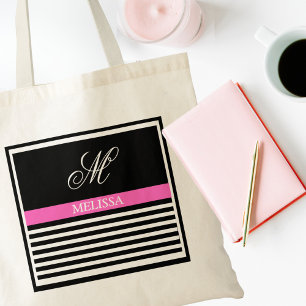 Elegant Minimalist Black and White Pink Ribbon  Tote Bag