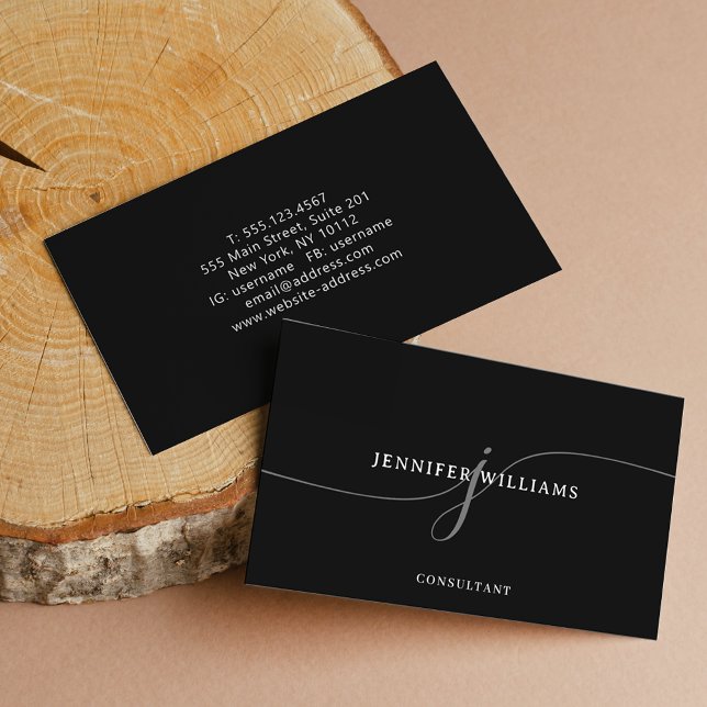 Elegant Minimalist Black and White Script Monogram Business Card (Creator Uploaded)