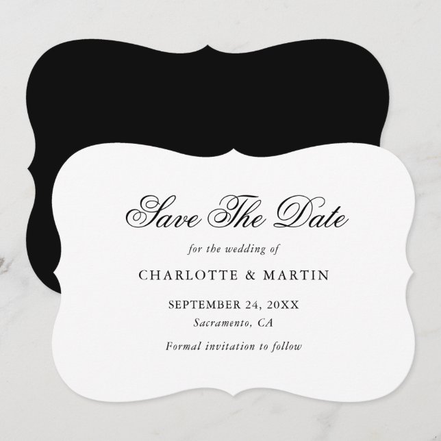Elegant Minimalist Black and White Script Wedding Save The Date (Front/Back)
