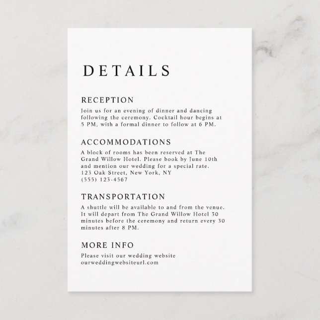 Elegant Minimalist Black and White Wedding Details Enclosure Card (Front)