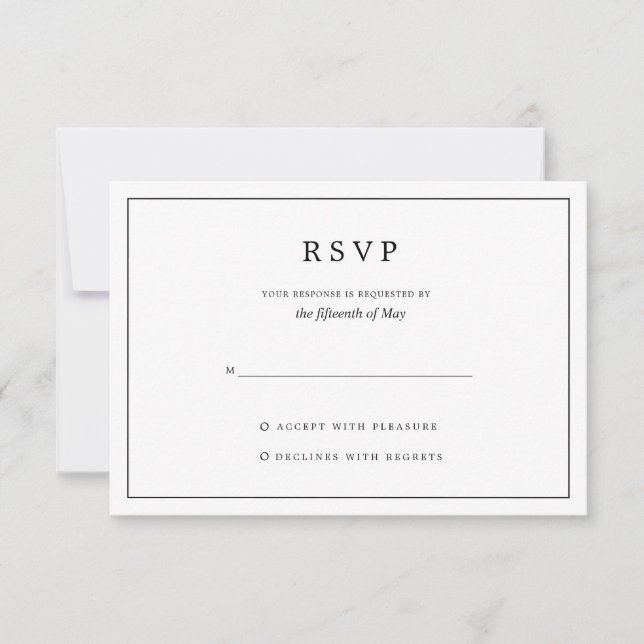 Elegant Minimalist Black and White Wedding RSVP Card (Front)