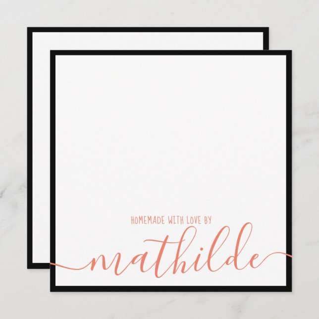 Elegant Minimalist Black Border Coral Script Name Card (Front/Back)