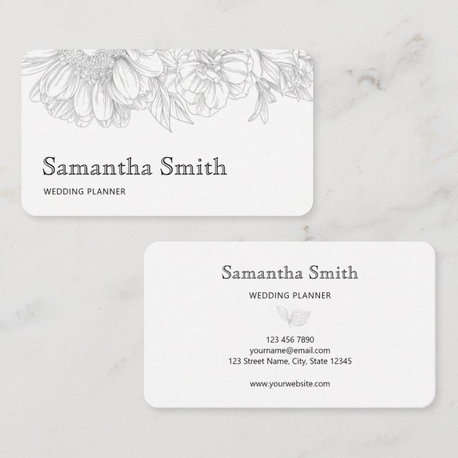 Elegant Minimalist Black Floral Line on White  Business Card (Front/Back)