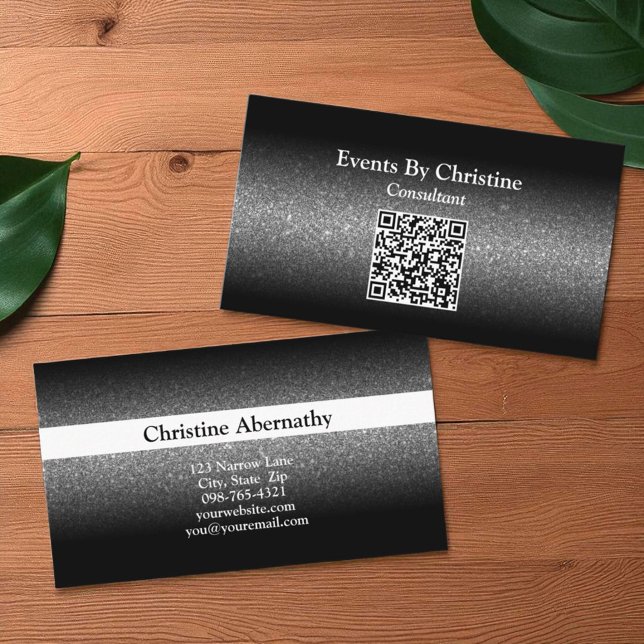 Elegant Minimalist Black Glitter Ombre QR Code Business Card (template business card front and back)