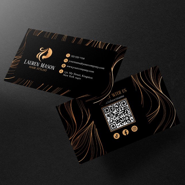 Elegant Minimalist Black Gold HairStylist QR Code Business Card (Creator Uploaded)