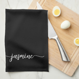Elegant Minimalist Black Monogram Name Script Tea Towel