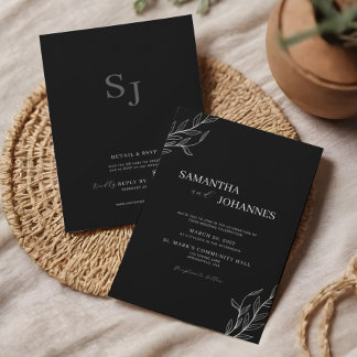 Elegant Minimalist Black Rustic Floral QR Wedding Invitation