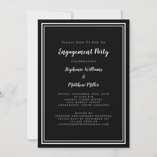 Elegant Minimalist Black Script Engagement Party Invitation (Front)