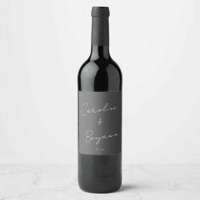Elegant Minimalist Black Script Wedding Custom Wine Label (Front)