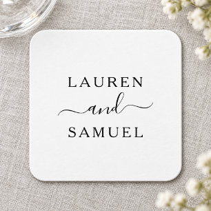 Elegant Minimalist Black Wedding Monogram Square Paper Coaster