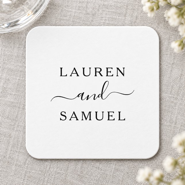 Elegant Minimalist Black Wedding Monogram Square Paper Coaster (Creator Uploaded)
