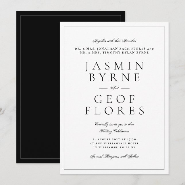 Elegant Minimalist Black & White Classic Wedding Invitation (Front/Back)